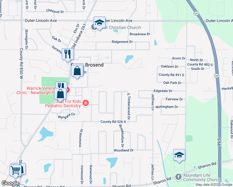 map of restaurants, bars, coffee shops, grocery stores, and more near 5099 East Timberwood Drive in Warrick