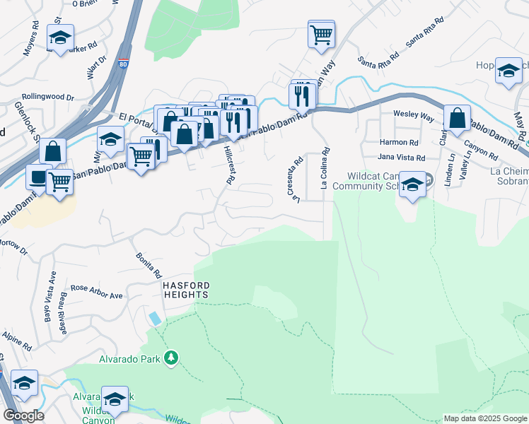 map of restaurants, bars, coffee shops, grocery stores, and more near 833 Bridgeway Circle in El Sobrante