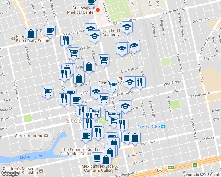 map of restaurants, bars, coffee shops, grocery stores, and more near 770 North California Street in Stockton