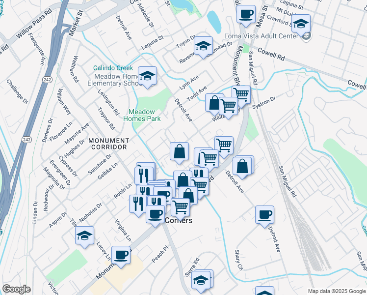 map of restaurants, bars, coffee shops, grocery stores, and more near 2450 Walters Way in Concord