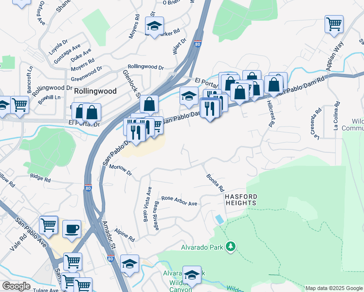 map of restaurants, bars, coffee shops, grocery stores, and more near 57 Parkview Terrace in San Pablo