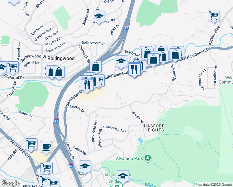 map of restaurants, bars, coffee shops, grocery stores, and more near 57 Parkview Terrace in San Pablo