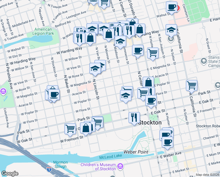 map of restaurants, bars, coffee shops, grocery stores, and more near 1020 North Van Buren Street in Stockton