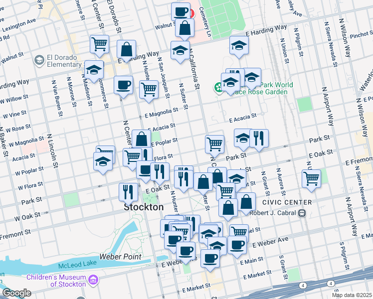 map of restaurants, bars, coffee shops, grocery stores, and more near 348 East Poplar Street in Stockton