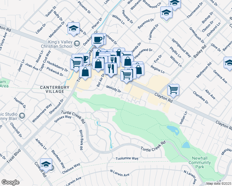 map of restaurants, bars, coffee shops, grocery stores, and more near 1463 Marclair Drive in Concord