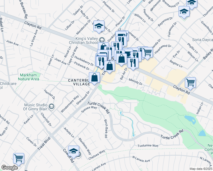 map of restaurants, bars, coffee shops, grocery stores, and more near 4420 Treat Boulevard in Concord