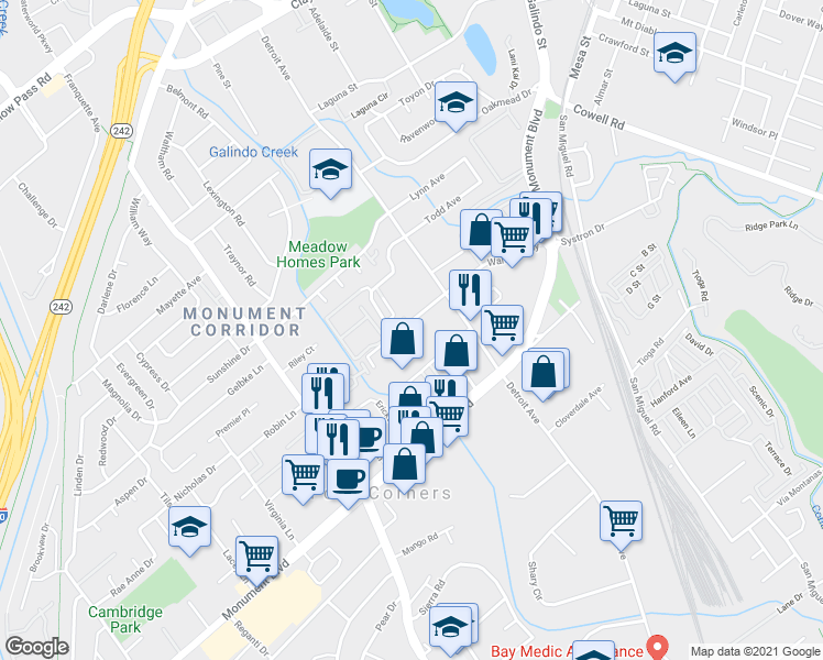 map of restaurants, bars, coffee shops, grocery stores, and more near 2481 Walters Way in Concord
