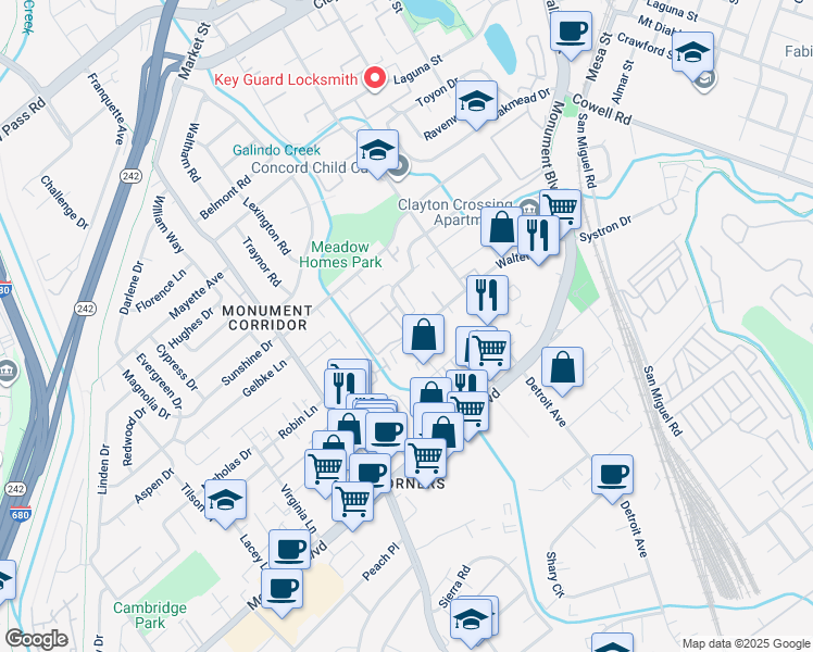 map of restaurants, bars, coffee shops, grocery stores, and more near 1221 Pine Creek Way in Concord