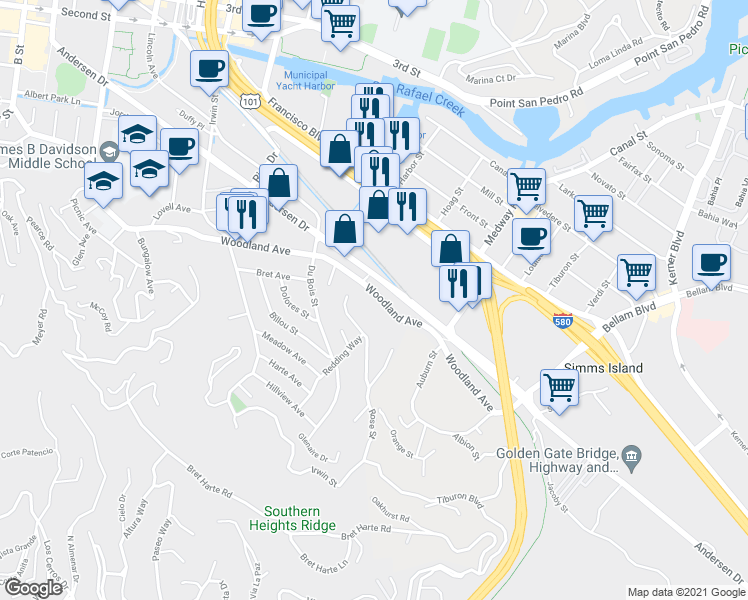 map of restaurants, bars, coffee shops, grocery stores, and more near 328 Culver Street in San Rafael