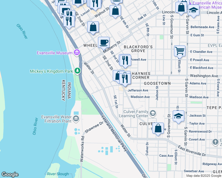 map of restaurants, bars, coffee shops, grocery stores, and more near 825 Southeast 827 First Street in Evansville