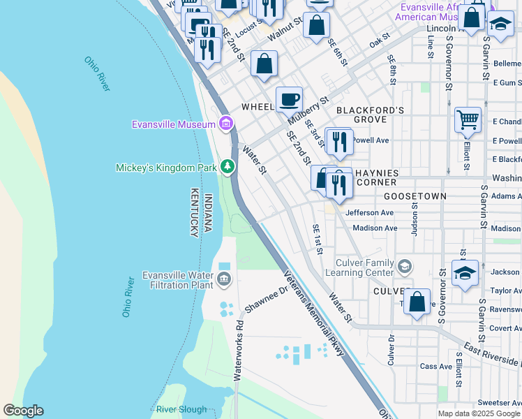 map of restaurants, bars, coffee shops, grocery stores, and more near 813 Southeast Riverside Drive in Evansville