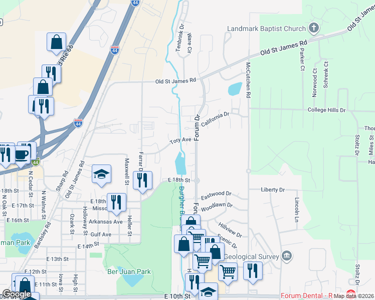 map of restaurants, bars, coffee shops, grocery stores, and more near 1200 Lajolla Court in Rolla