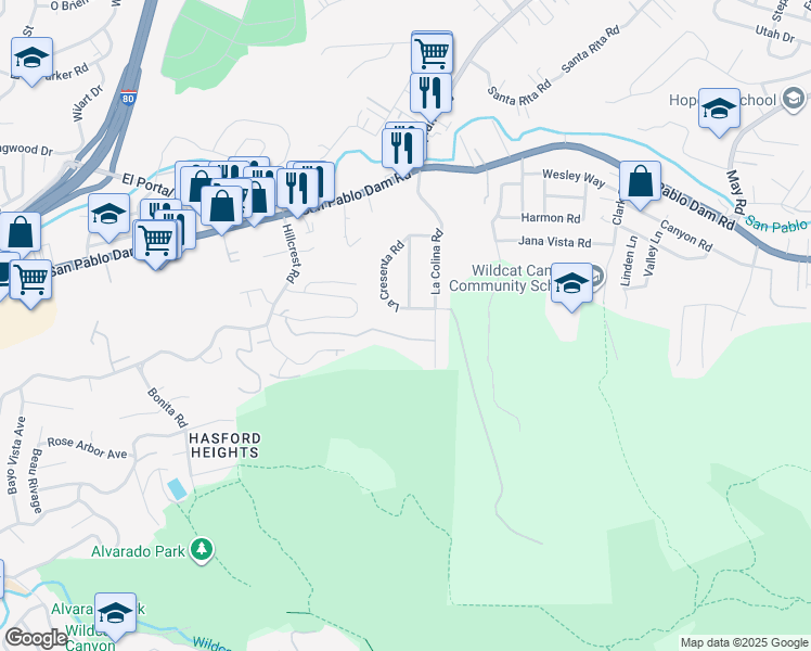 map of restaurants, bars, coffee shops, grocery stores, and more near 3944 La Cima Road in El Sobrante