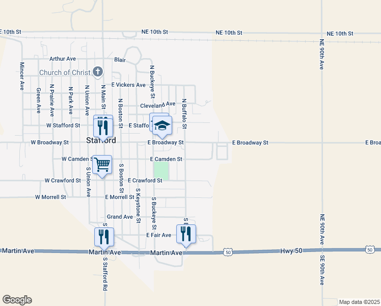 map of restaurants, bars, coffee shops, grocery stores, and more near 100-198 South Buffalo Street in Stafford