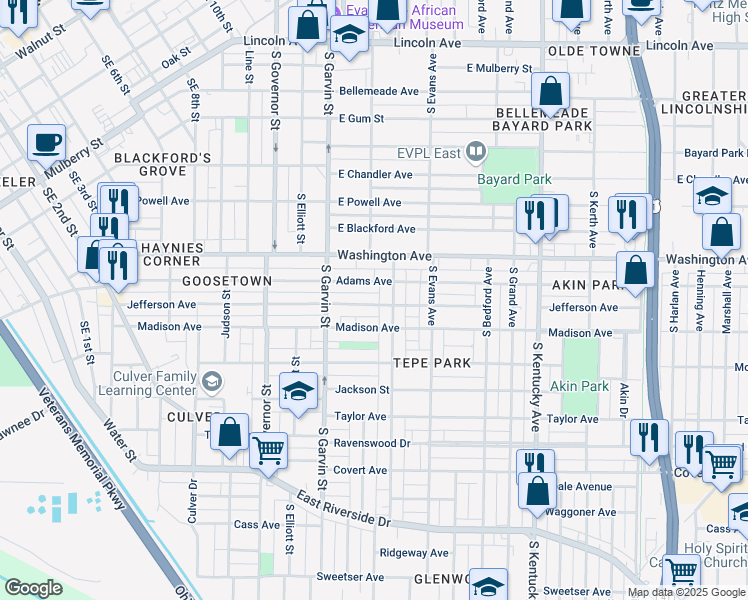 map of restaurants, bars, coffee shops, grocery stores, and more near 643 Adams Avenue in Evansville