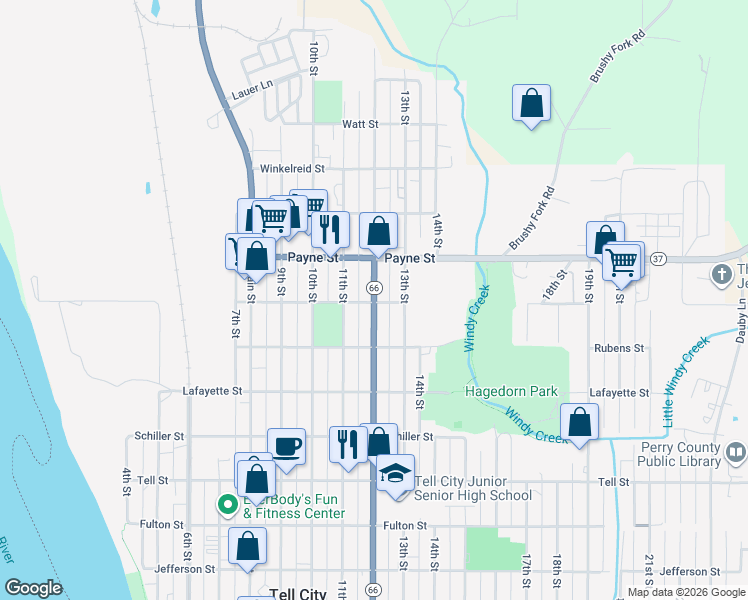 map of restaurants, bars, coffee shops, grocery stores, and more near 1401 12th Street in Tell City