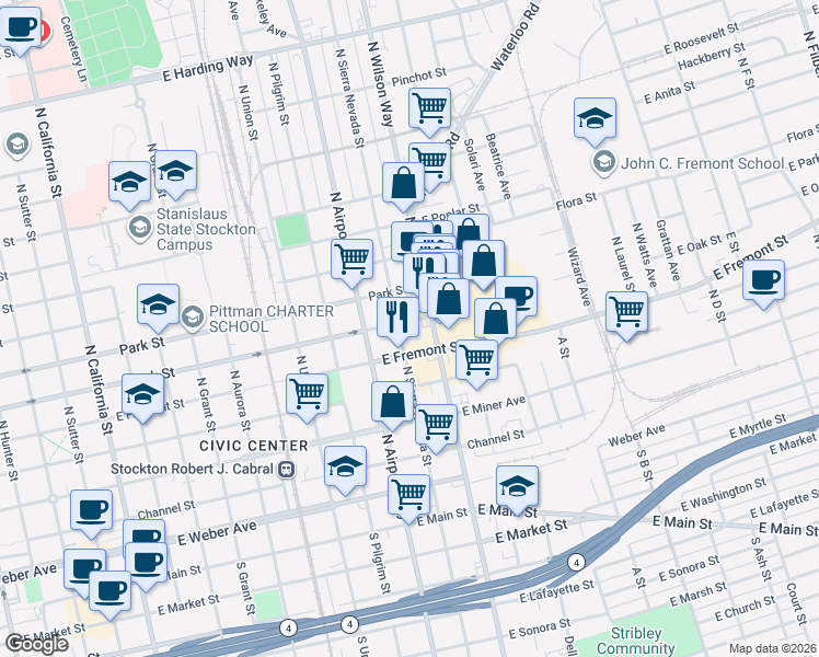 map of restaurants, bars, coffee shops, grocery stores, and more near 1414 East Oak Street in Stockton