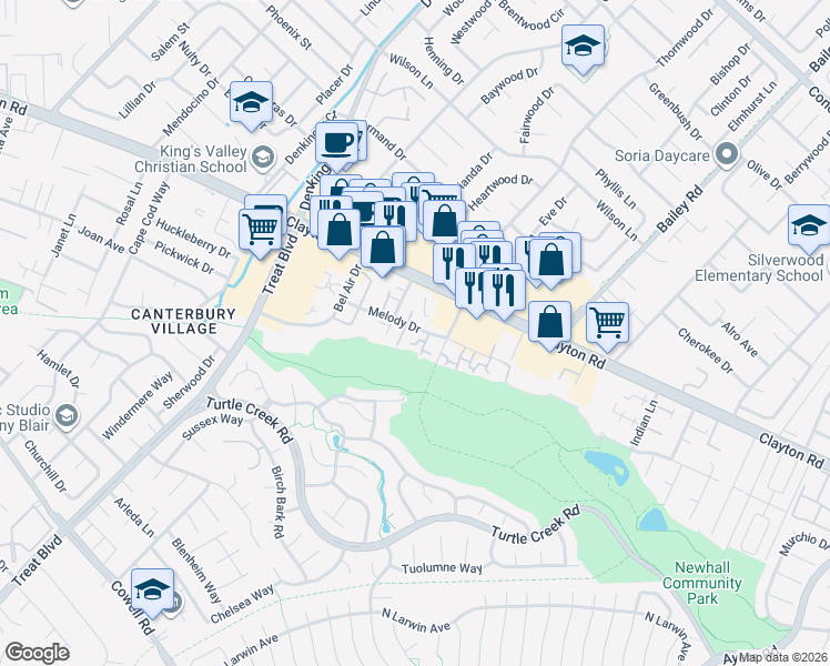 map of restaurants, bars, coffee shops, grocery stores, and more near 4520 Melody Drive in Concord