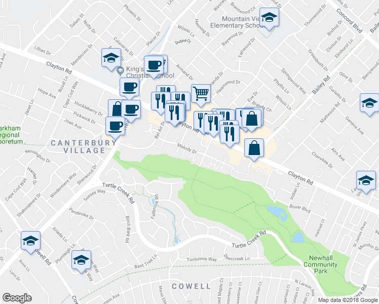 map of restaurants, bars, coffee shops, grocery stores, and more near 4520 Melody Drive in Concord