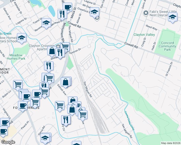 map of restaurants, bars, coffee shops, grocery stores, and more near 1070 San Miguel Road in Concord