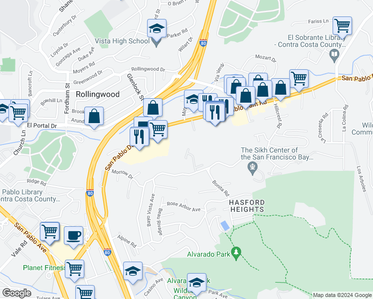 map of restaurants, bars, coffee shops, grocery stores, and more near 59 Parkview Terrace in San Pablo