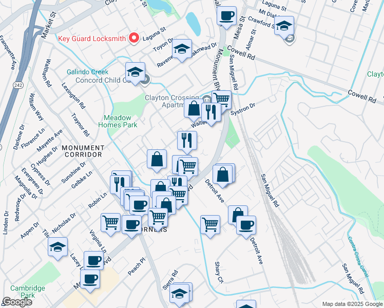 map of restaurants, bars, coffee shops, grocery stores, and more near 1140 Detroit Avenue in Concord