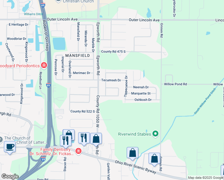 map of restaurants, bars, coffee shops, grocery stores, and more near 10400 Chippewa Drive in Newburgh