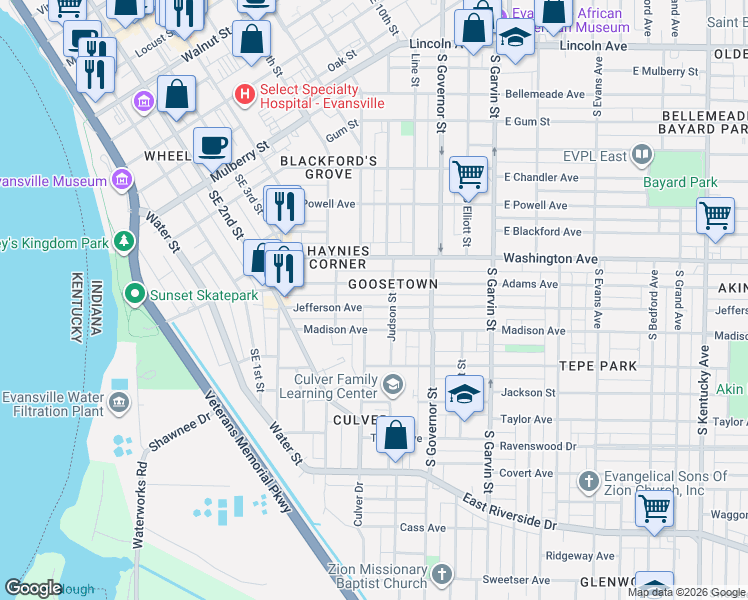 map of restaurants, bars, coffee shops, grocery stores, and more near 203 Adams Avenue in Evansville