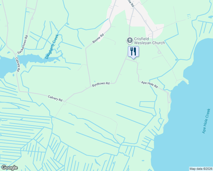 map of restaurants, bars, coffee shops, grocery stores, and more near 2899 Byrdtown Road in Crisfield