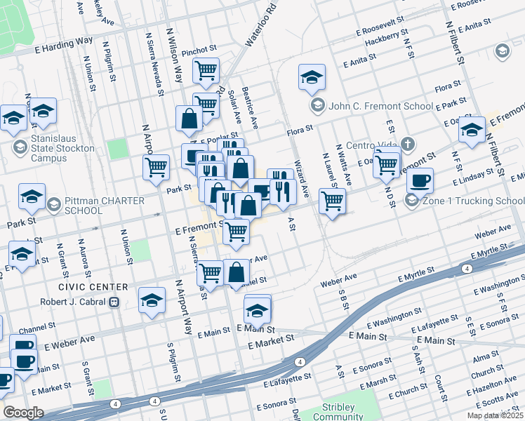 map of restaurants, bars, coffee shops, grocery stores, and more near 1705 East Fremont Street in Stockton