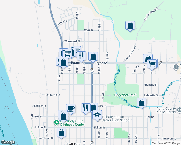 map of restaurants, bars, coffee shops, grocery stores, and more near 1401 12th Street in Tell City