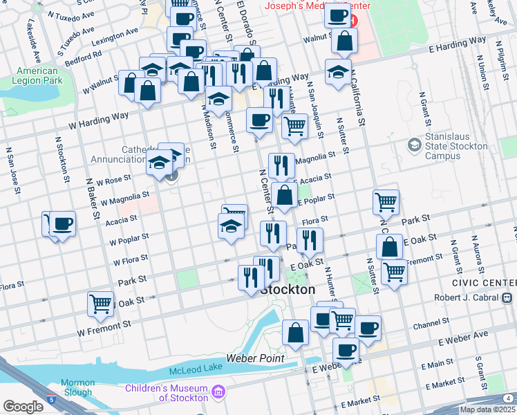 map of restaurants, bars, coffee shops, grocery stores, and more near 27 West Poplar Street in Stockton