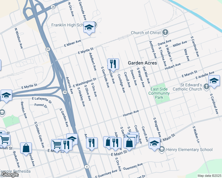 map of restaurants, bars, coffee shops, grocery stores, and more near 265 South Sinclair Avenue in Stockton