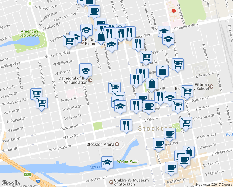 map of restaurants, bars, coffee shops, grocery stores, and more near 129 Acacia Street in Stockton