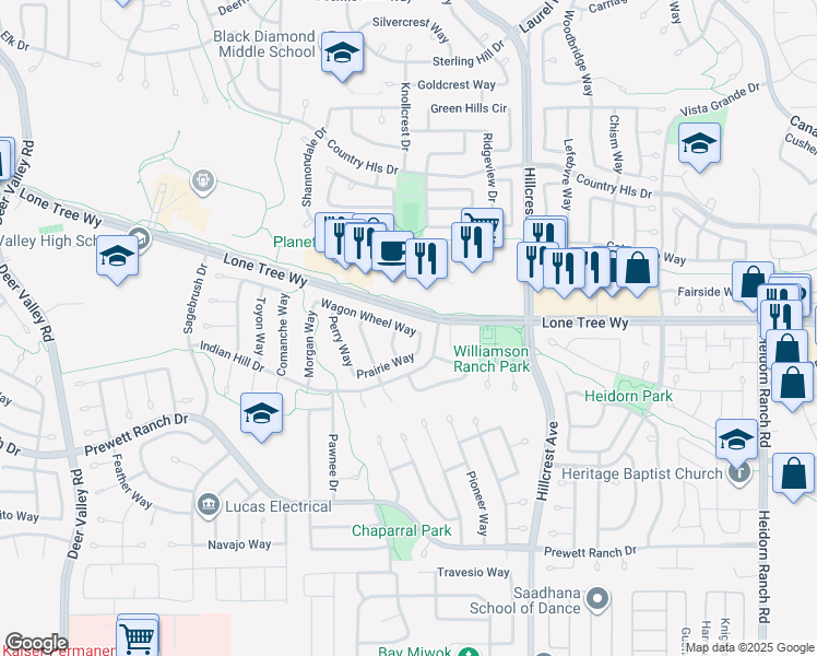 map of restaurants, bars, coffee shops, grocery stores, and more near 22 Williamson Ranch Plaza in Antioch