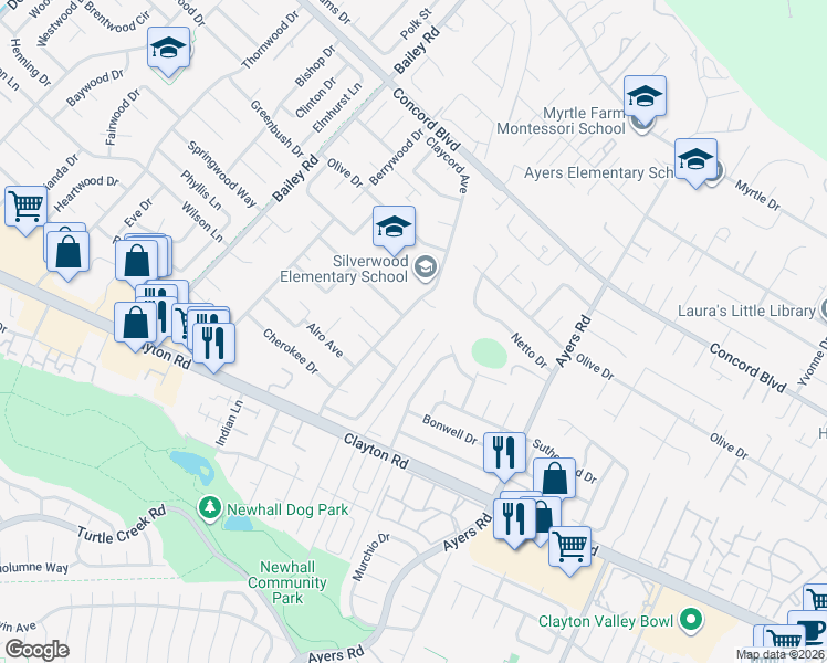 map of restaurants, bars, coffee shops, grocery stores, and more near 1602 Claycord Avenue in Concord