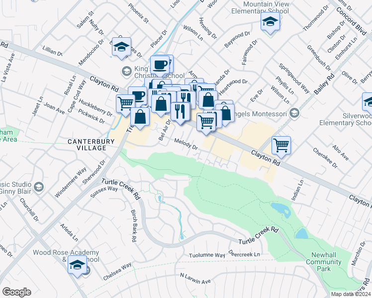 map of restaurants, bars, coffee shops, grocery stores, and more near 1463 Marclair Drive in Concord