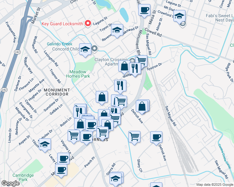 map of restaurants, bars, coffee shops, grocery stores, and more near 1181 Detroit Avenue in Concord