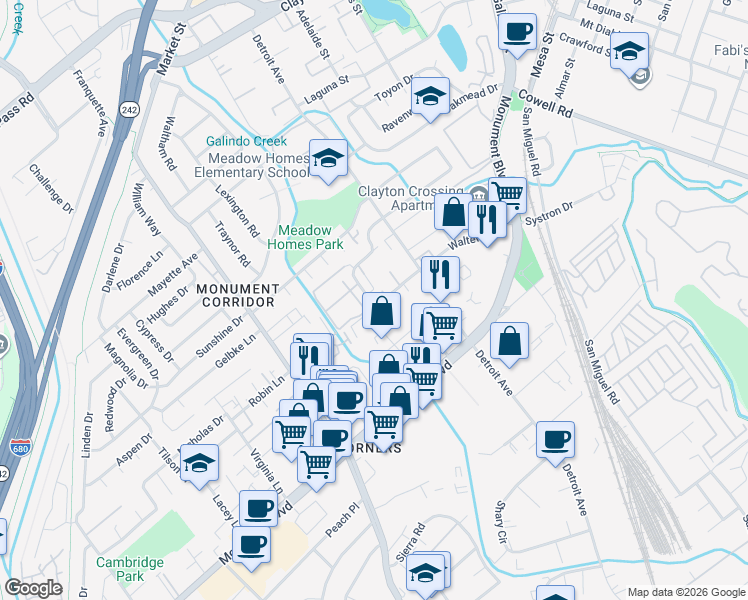 map of restaurants, bars, coffee shops, grocery stores, and more near 1243 Pine Creek Way in Concord