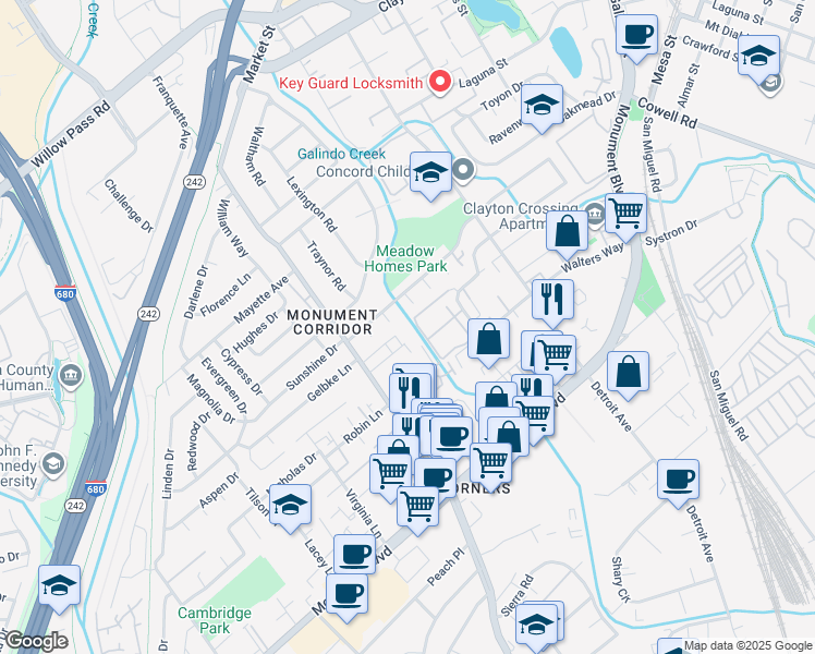 map of restaurants, bars, coffee shops, grocery stores, and more near 1261 Pine Creek Way in Concord