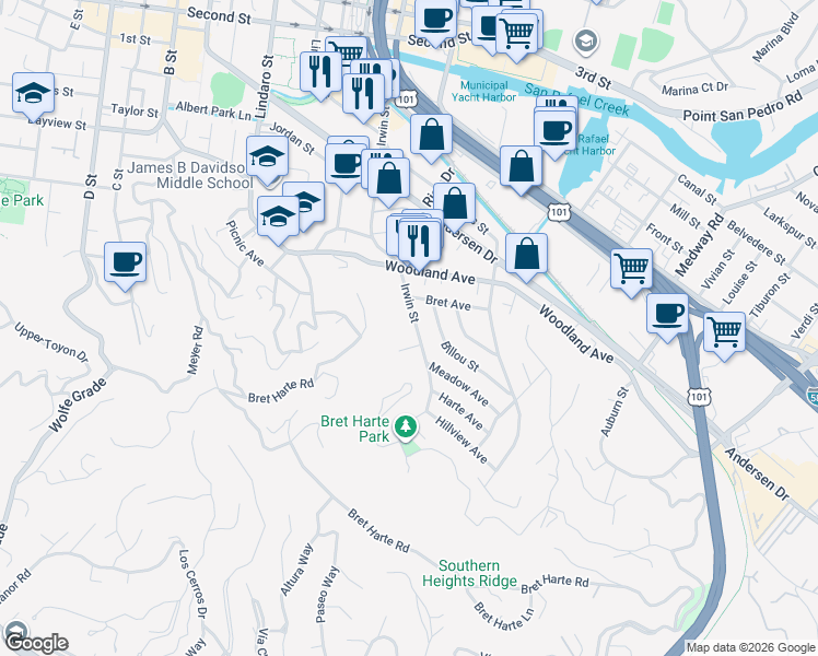 map of restaurants, bars, coffee shops, grocery stores, and more near 95 Billou Street in San Rafael
