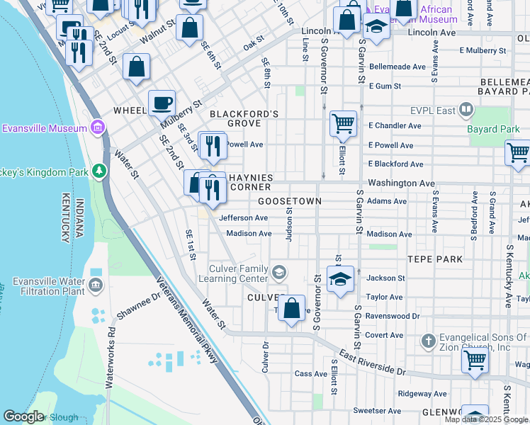 map of restaurants, bars, coffee shops, grocery stores, and more near 203 Adams Avenue in Evansville