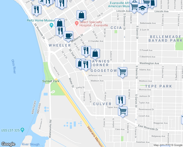 map of restaurants, bars, coffee shops, grocery stores, and more near 60 Adams Avenue in Evansville
