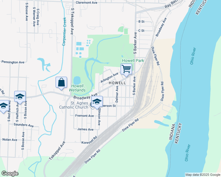 map of restaurants, bars, coffee shops, grocery stores, and more near 3119 Broadway Avenue in Evansville