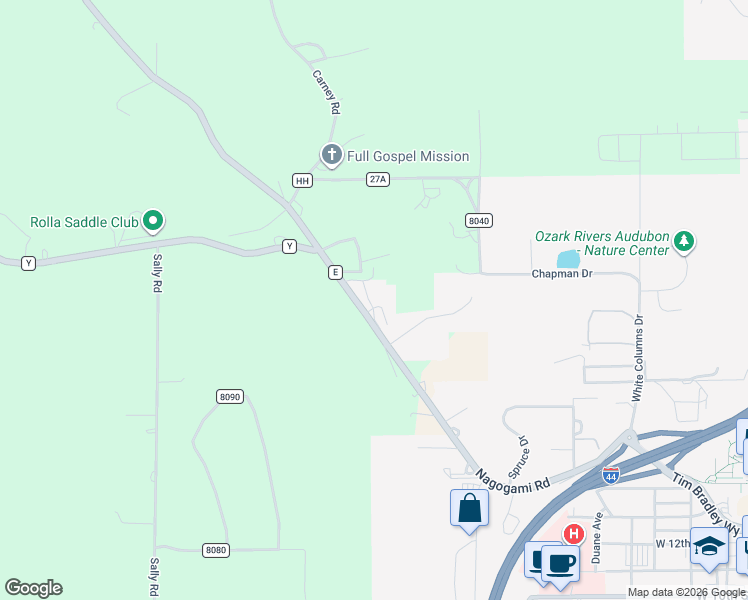 map of restaurants, bars, coffee shops, grocery stores, and more near 2000 Lizzy Lane in Rolla