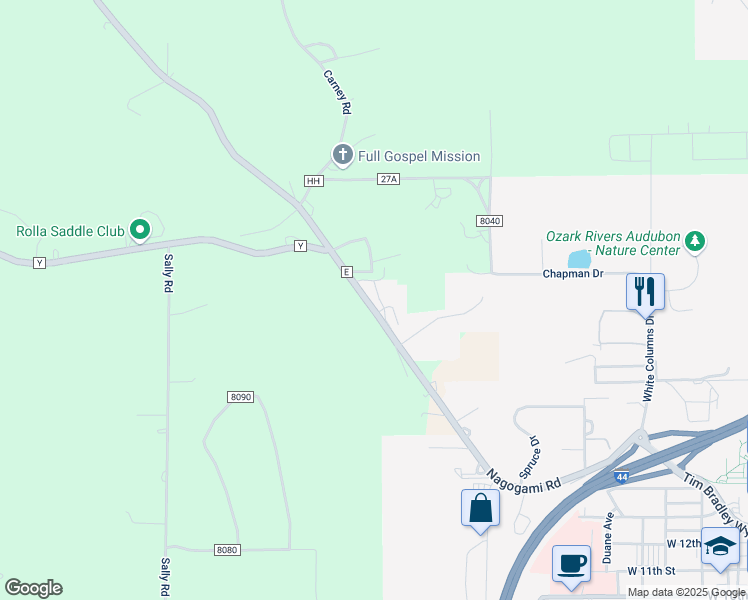 map of restaurants, bars, coffee shops, grocery stores, and more near 2000 Lizzy Lane in Rolla