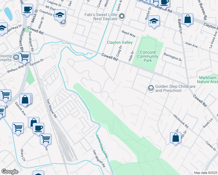 map of restaurants, bars, coffee shops, grocery stores, and more near 1067 Ridge Park Drive in Concord