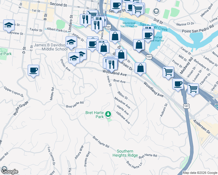 map of restaurants, bars, coffee shops, grocery stores, and more near 95 Billou Street in San Rafael