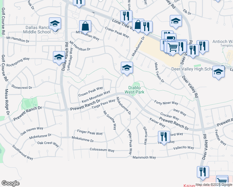 map of restaurants, bars, coffee shops, grocery stores, and more near Prewett Ranch Drive & Mokelumne Drive in Antioch