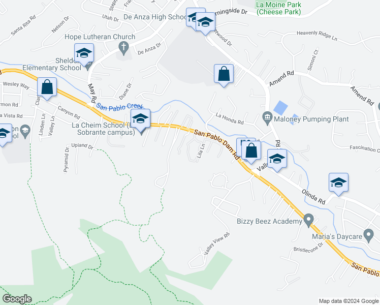 map of restaurants, bars, coffee shops, grocery stores, and more near 301 Del Valle Circle in El Sobrante